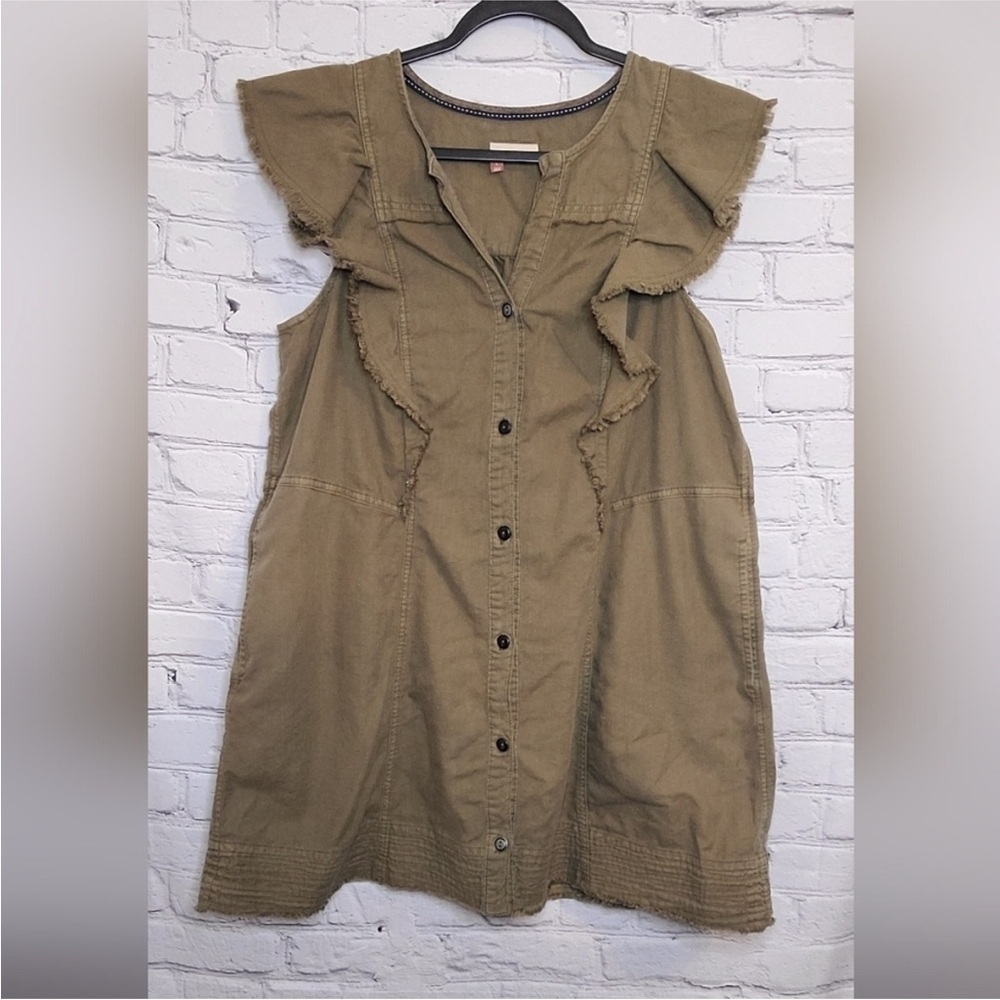 Pilcro Flutter-Sleeve Buttondown Tunic Dress in Moss Brown - Size L - Picture 8 of 14